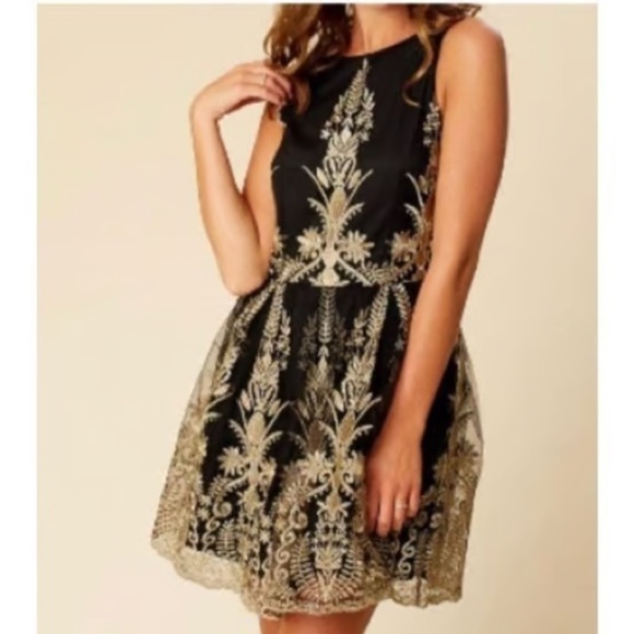 XS Altar'd State Dress Womens Small Black Gold Embroidered Floral tulle teacup - Picture 1 of 13